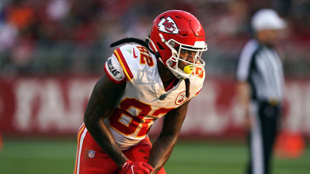 Aug 14, 2021; Santa Clara, California, USA; Kansas City Chiefs wide receiver Daurice Fountain (82) lines up during the third quarter against the San Francisco 49ers at Levi's Stadium. Mandatory Credit: Darren Yamashita-USA TODAY Sports